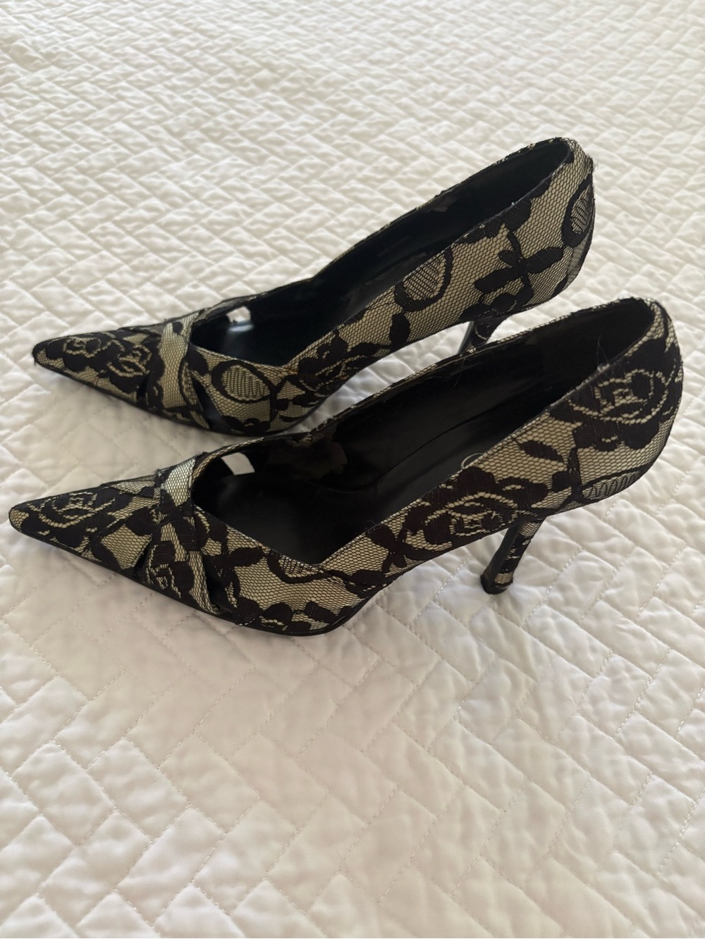 Aldo Vintage Black Floral Lace-Effect Pointed Toe Heels